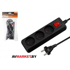 Удлинитель 3м (3 роз., 2,2кВт, б/з, выкл, ПВС 2х0,75) черный, Юпитер Китай JP8103-21